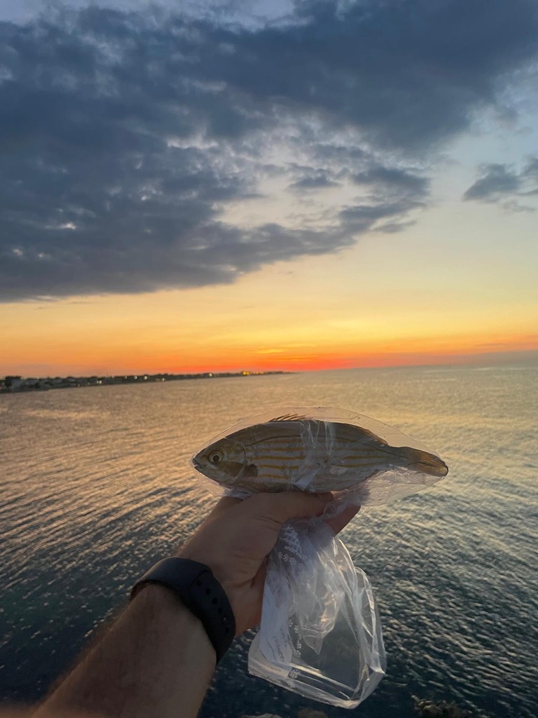 Il mio primo pesce, tenuto in mano davanti al mare al tramonto