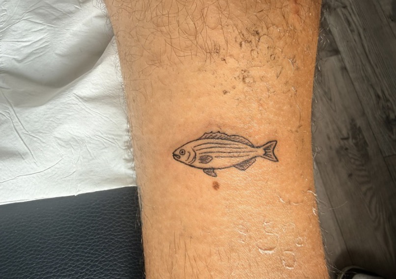 Tatuaggio a linee sottili dello stesso pesce, sull'avambraccio